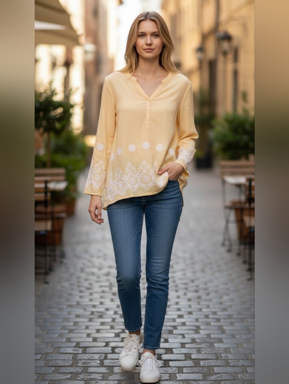 Studio West Pale Yellow V-Neck Tunic with White Embroidery